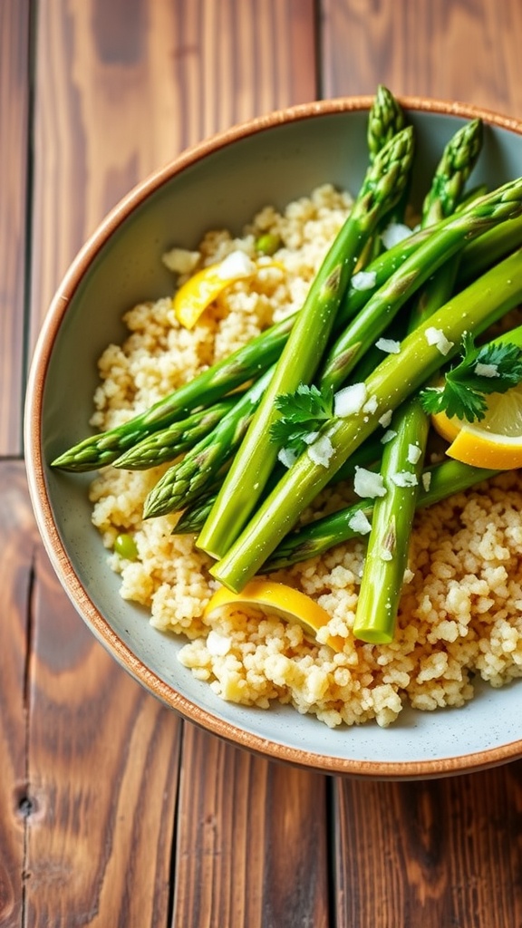 A colorful bowl of sautéed asparagus with quinoa, garnished with Parmesan and parsley.